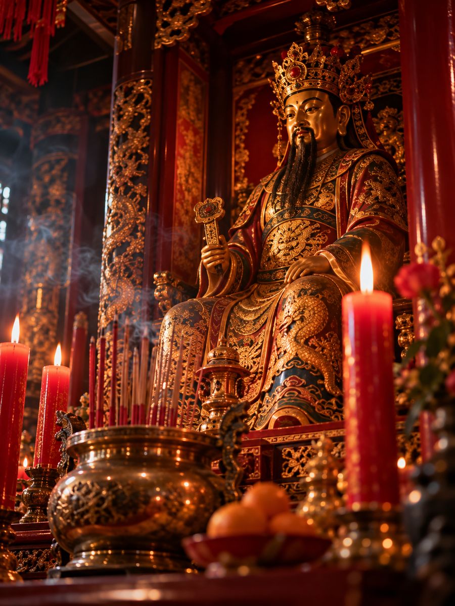 A gilded deity statue in a small temple shrine, flanked by red candles