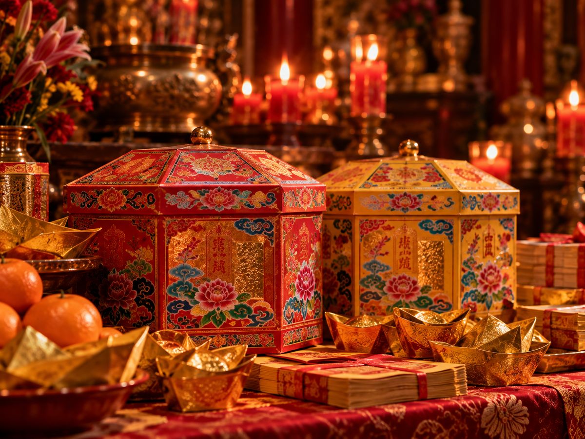 A red and a yellow paper treasury chest surrounded by gold paper ingots and mandarin oranges