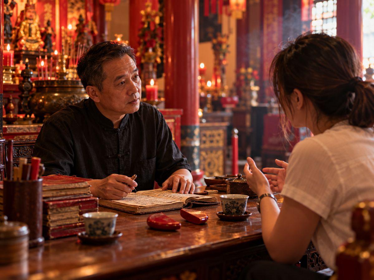 The temple master listening to a visitor across a wooden table with an almanac and divination blocks