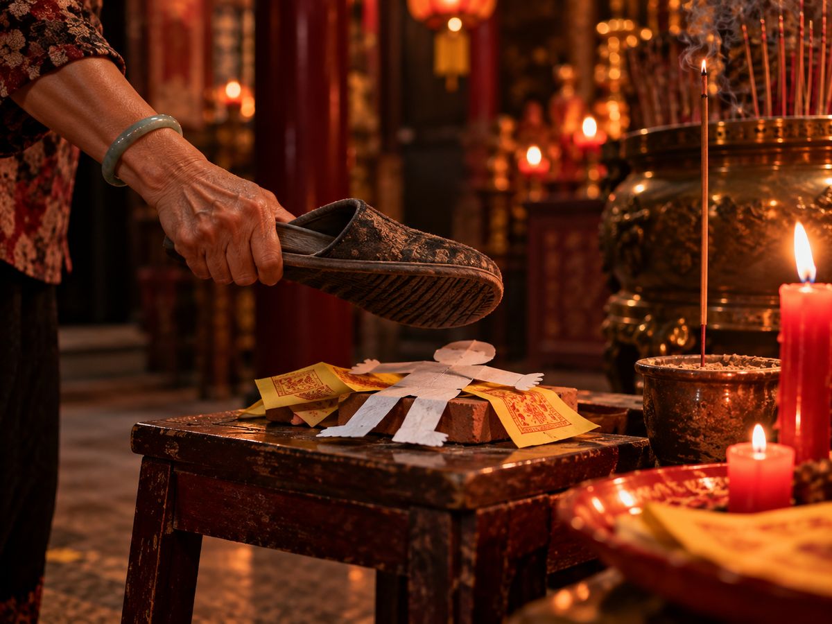 An old slipper raised above a paper figure and yellow talisman papers during the 打小人 ritual