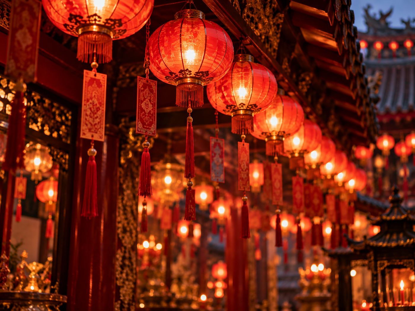 Red paper lanterns and prayer tags glowing at dusk