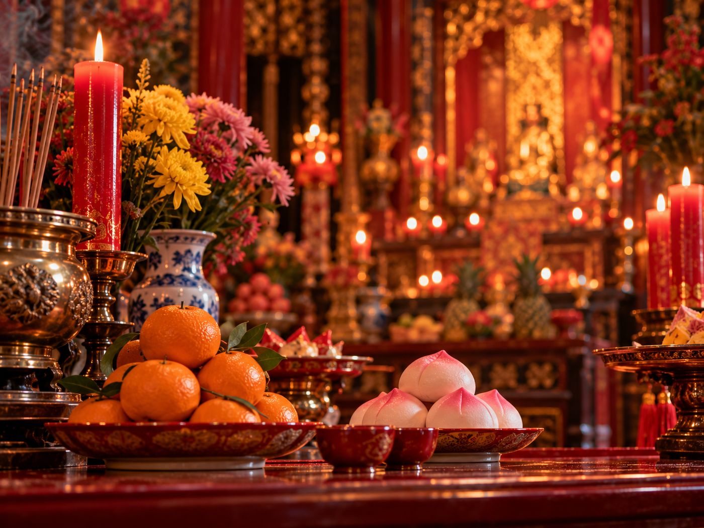 Oranges, steamed buns, flowers and red candles on an offering table