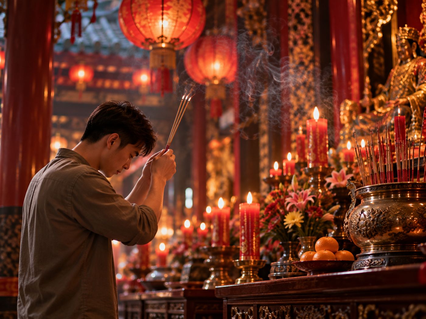 A young man bowing with three lit joss sticks before the altar