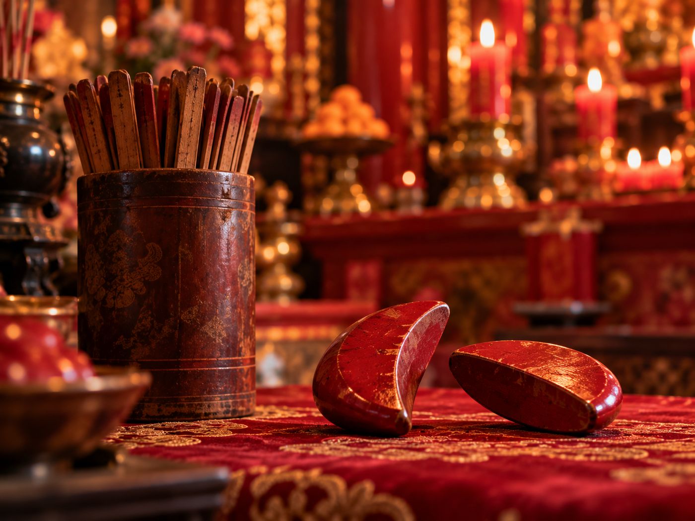 A pair of red crescent divination blocks beside a cup of fortune sticks