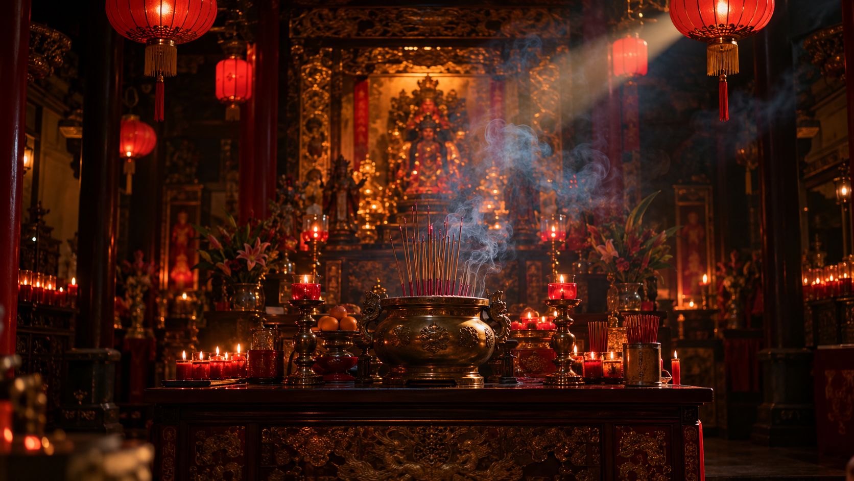 The altar of a small Chinese temple at dusk, lit by red oil lamps and candles, with incense smoke rising from a brass urn