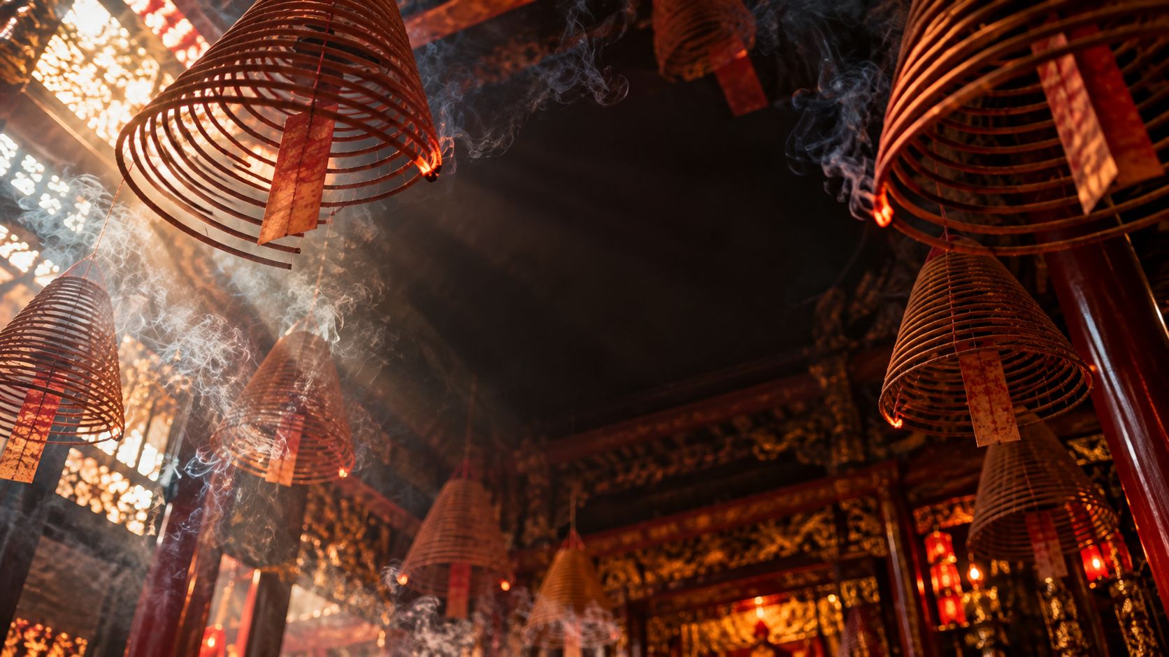 Spiral incense coils hanging from a temple ceiling, glowing and trailing smoke through shafts of light