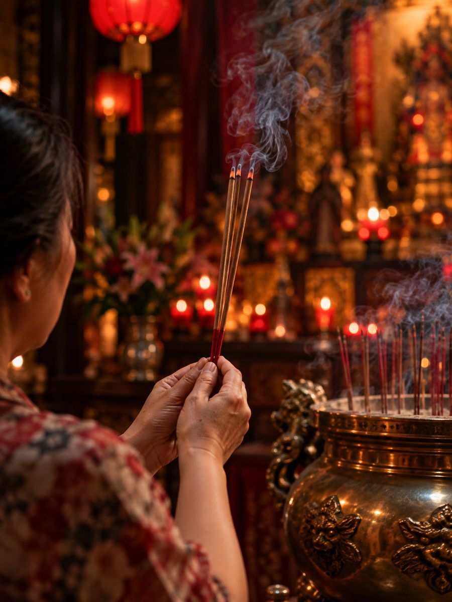 Hands holding three lit joss sticks in prayer before a brass incense urn