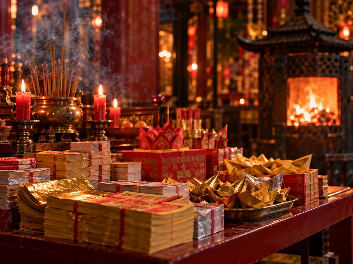 Stacks of gold and silver joss paper and paper ingots prepared for the 还阴债 ritual